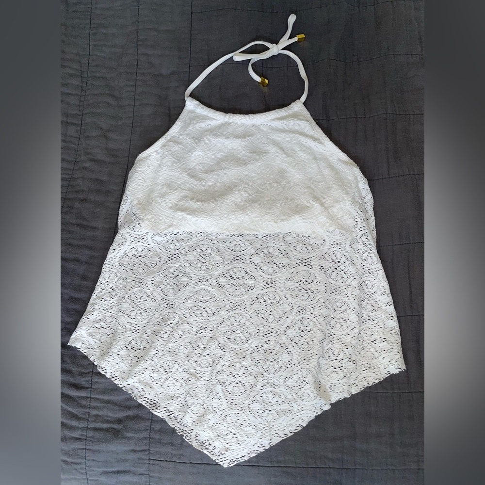 Bleu by Rod Beattie High Neck Halter Crochet Swimsuit Tankini Top - White